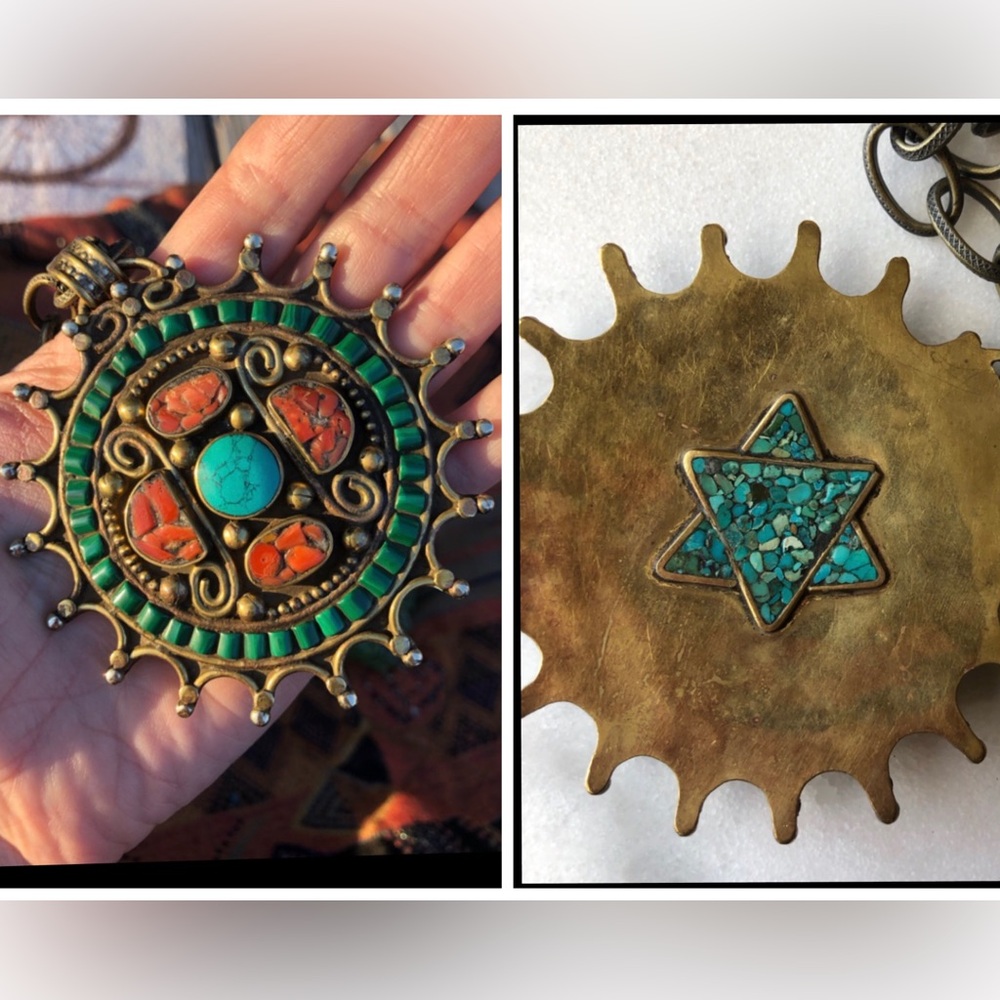 Bohemian sun pendant necklace crushed turquoise coral artisan statement bronze